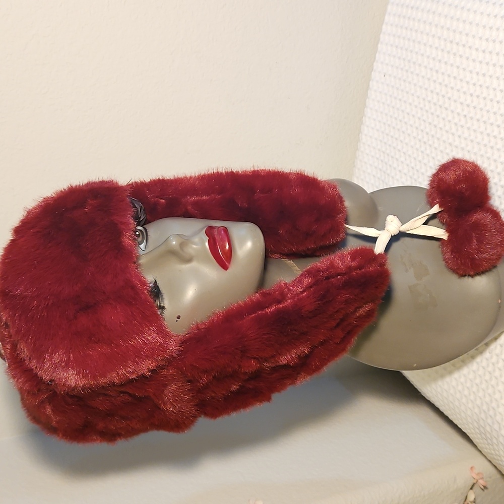 Burgandy Fluffy Fur Trapper Hat